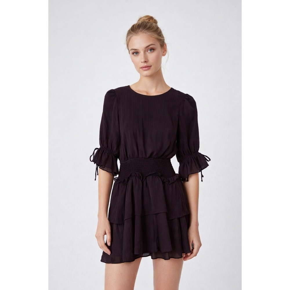 Revolve TULAROSA Puff Sleeve Tiered Ruffle Dress XS Black Open back Whimsical‎